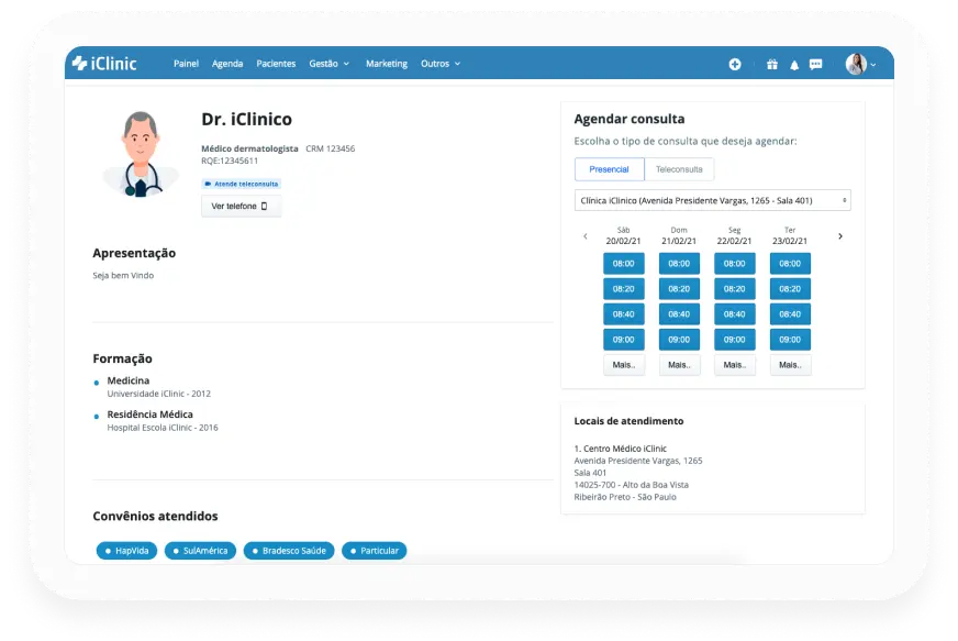 Tela de agendamento online do AgendarConsulta com horários disponíveis — dados fictícios para demonstração