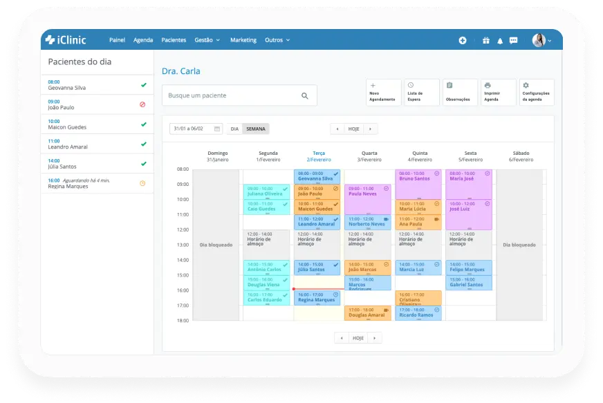 Agenda semanal do Afya iClinic — dados fictícios para demonstração
