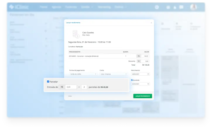 Geração de cobrança com link de pagamento no Afya iClinic — dados fictícios para demonstração