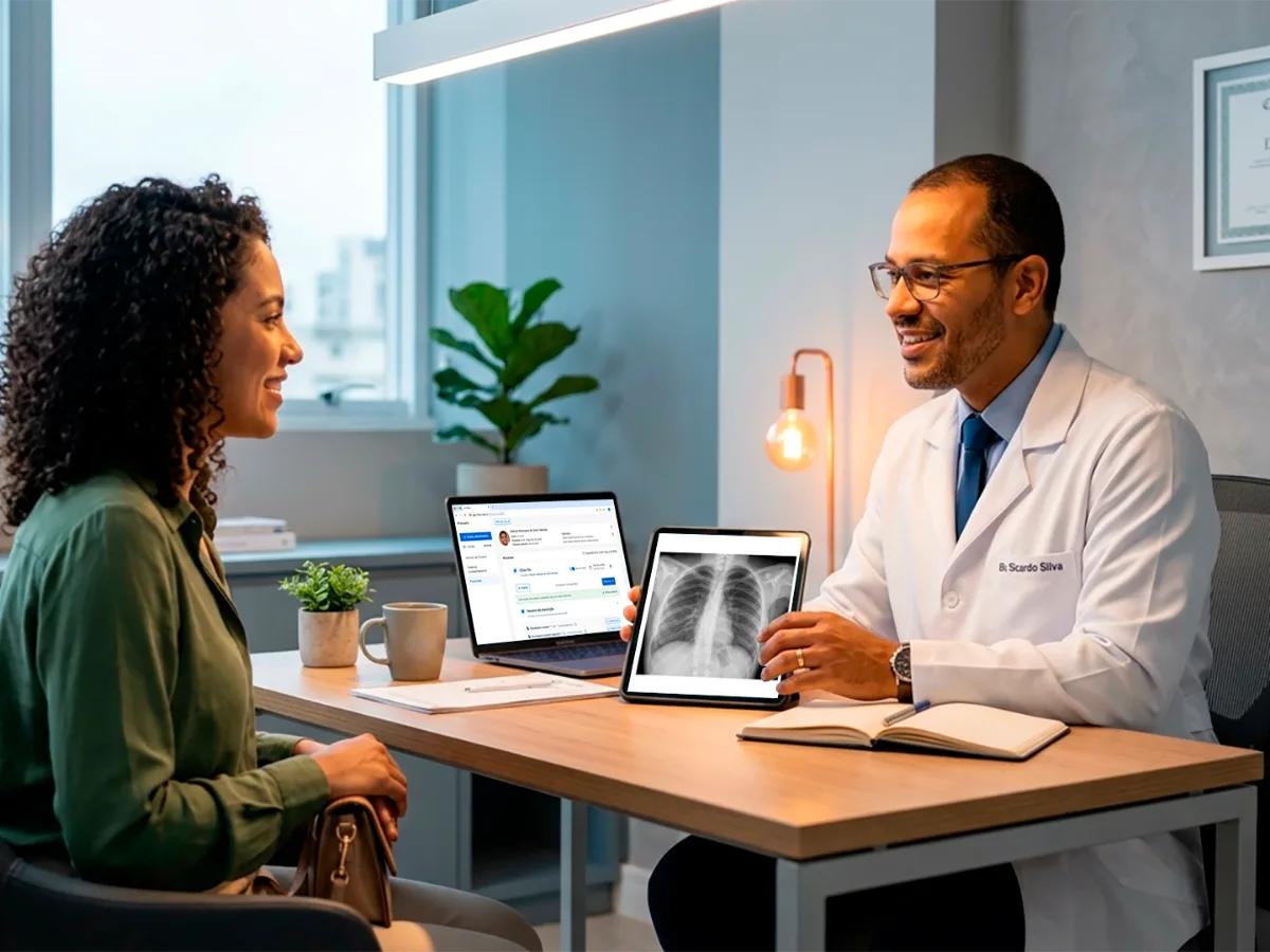 Médico e paciente acompanham exames e o Afya iClinic no laptop durante a consulta — imagem ilustrativa