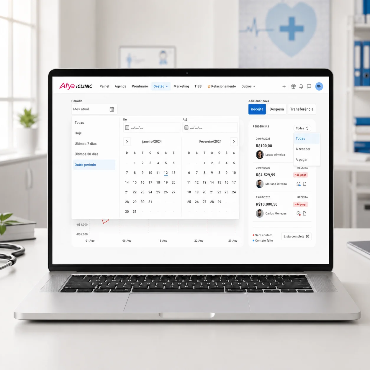 Notebook em um consultório exibindo as pendências e recebimentos do Afya iClinic — dados fictícios para demonstração
