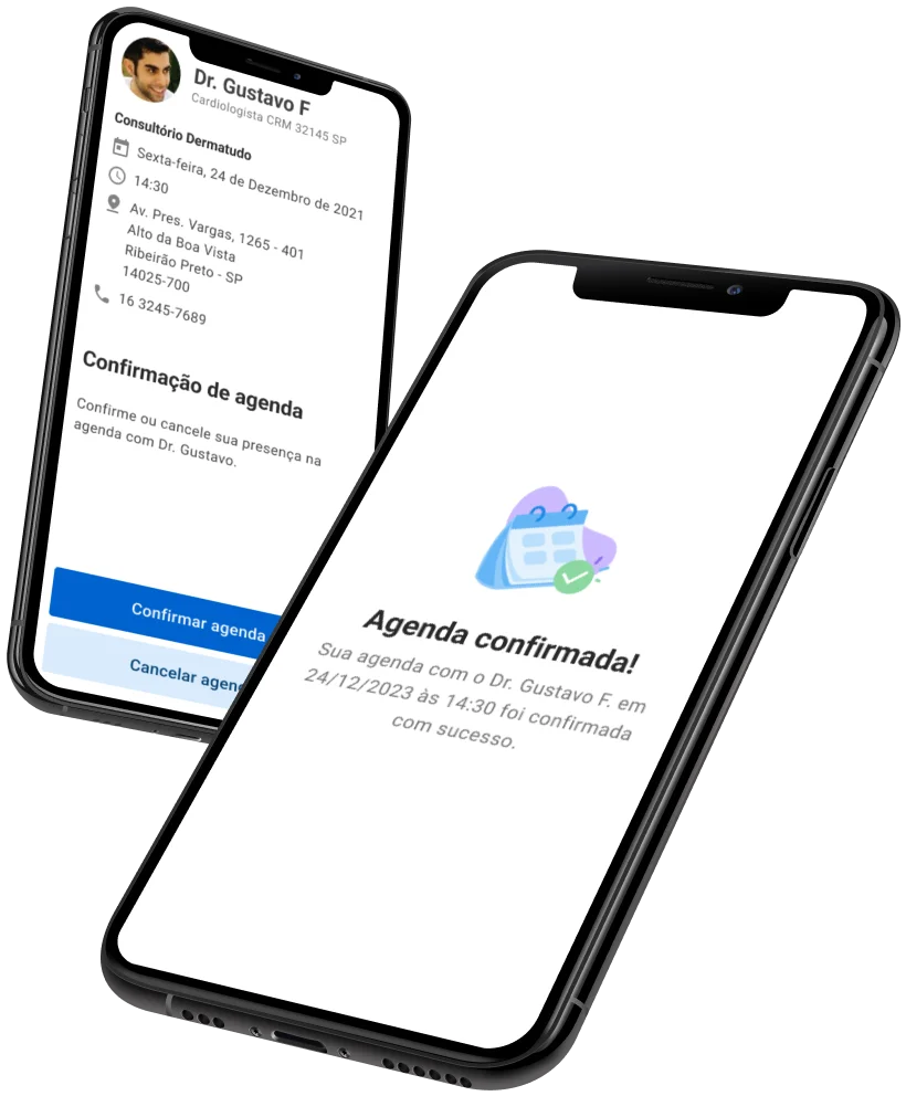 Telas do aplicativo Afya iClinic no celular: paciente confirma a consulta e recebe a confirmação da agenda — dados fictícios para demonstração