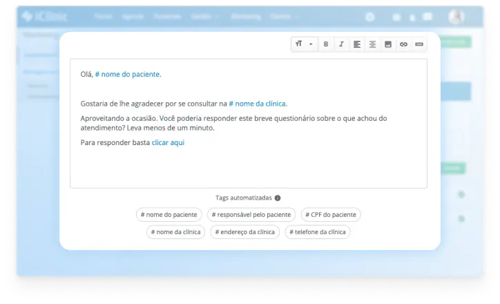 Editor de e-mail personalizado com tags de dados do paciente no Afya iClinic — dados fictícios para demonstração