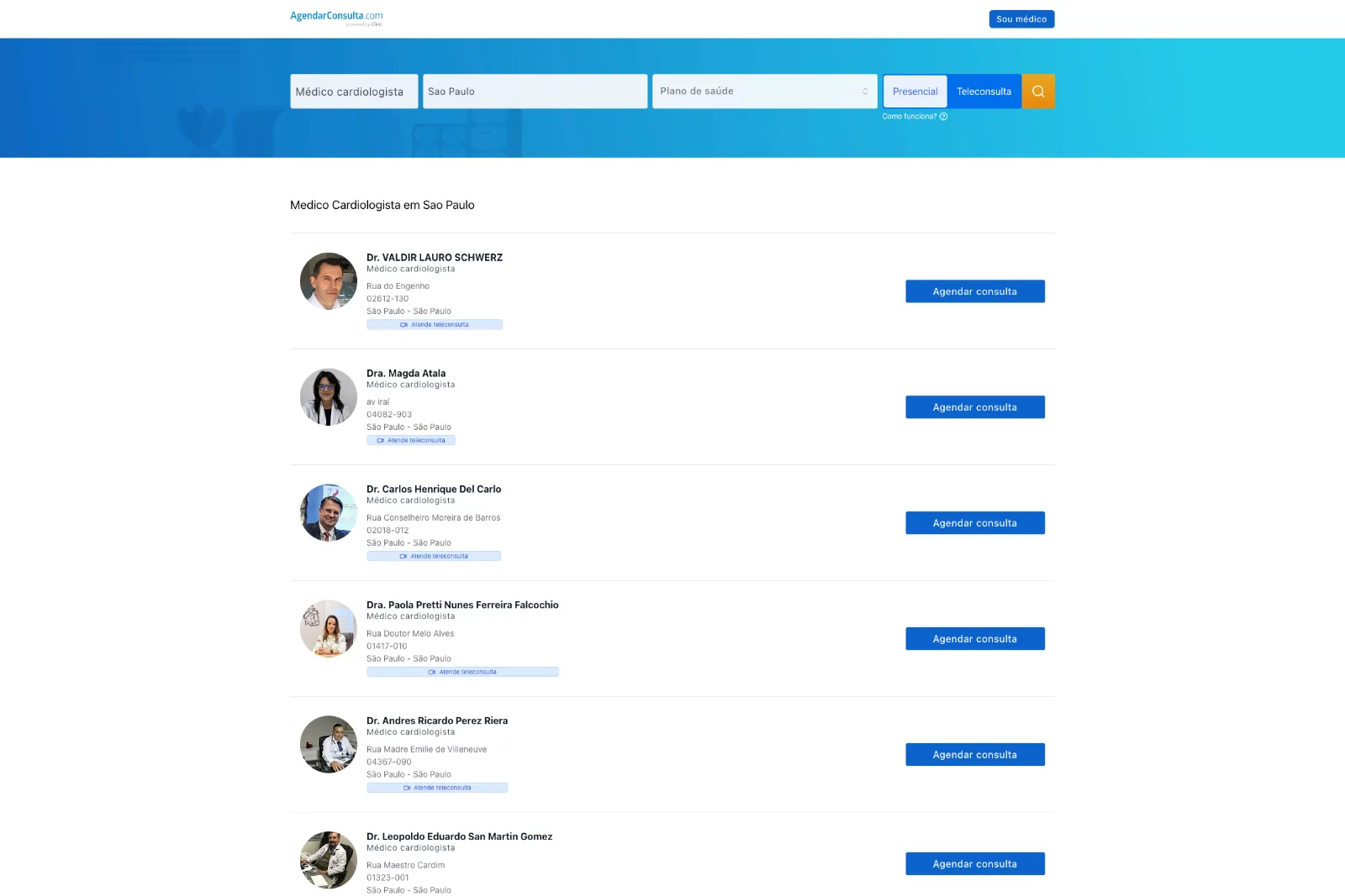 Busca do AgendarConsulta com lista de especialistas e botões de agendamento — dados fictícios para demonstração