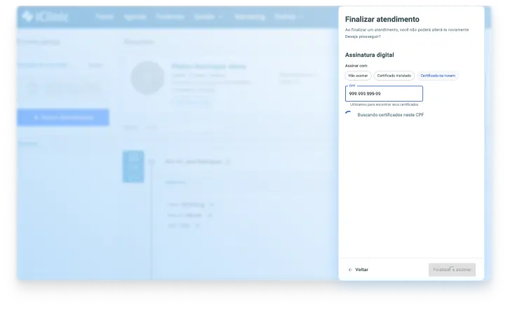 Assinatura digital de documentos médicos no Afya iClinic — dados fictícios para demonstração