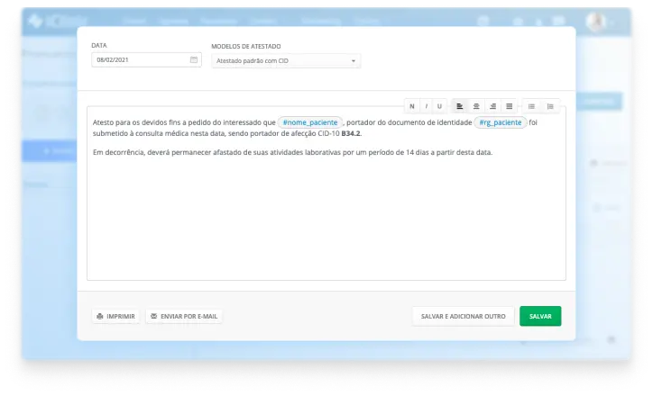 Modelos de documentos e histórico de valores do paciente no Afya iClinic — dados fictícios para demonstração