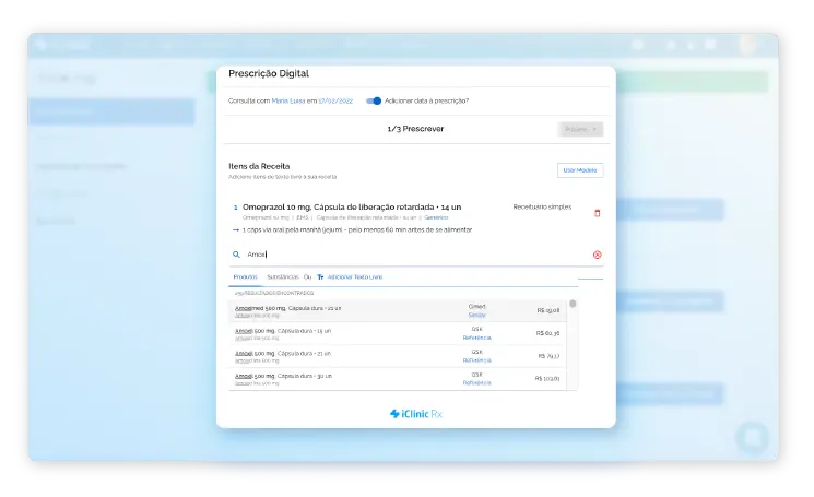 Prescrição digital com a iClinicRx no Afya iClinic — dados fictícios para demonstração
