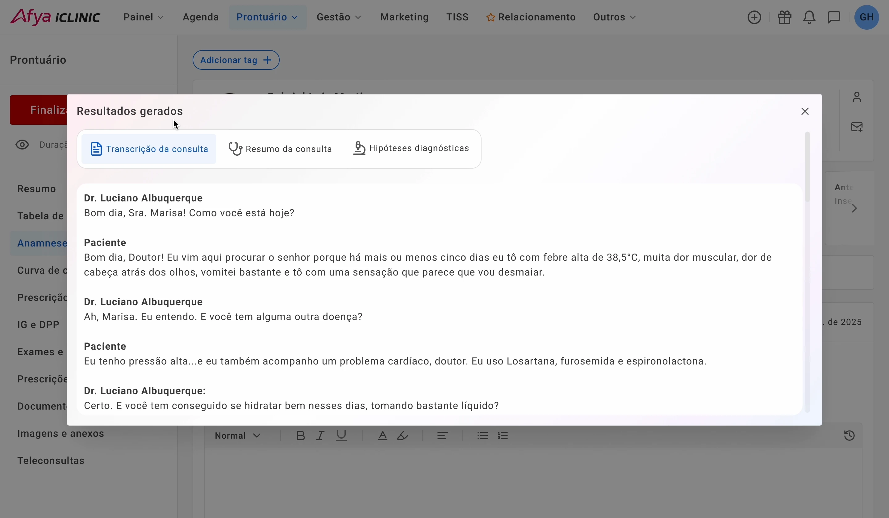 Resumo da consulta gerado pela IA pronto para revisão no Afya iClinic — dados fictícios para demonstração