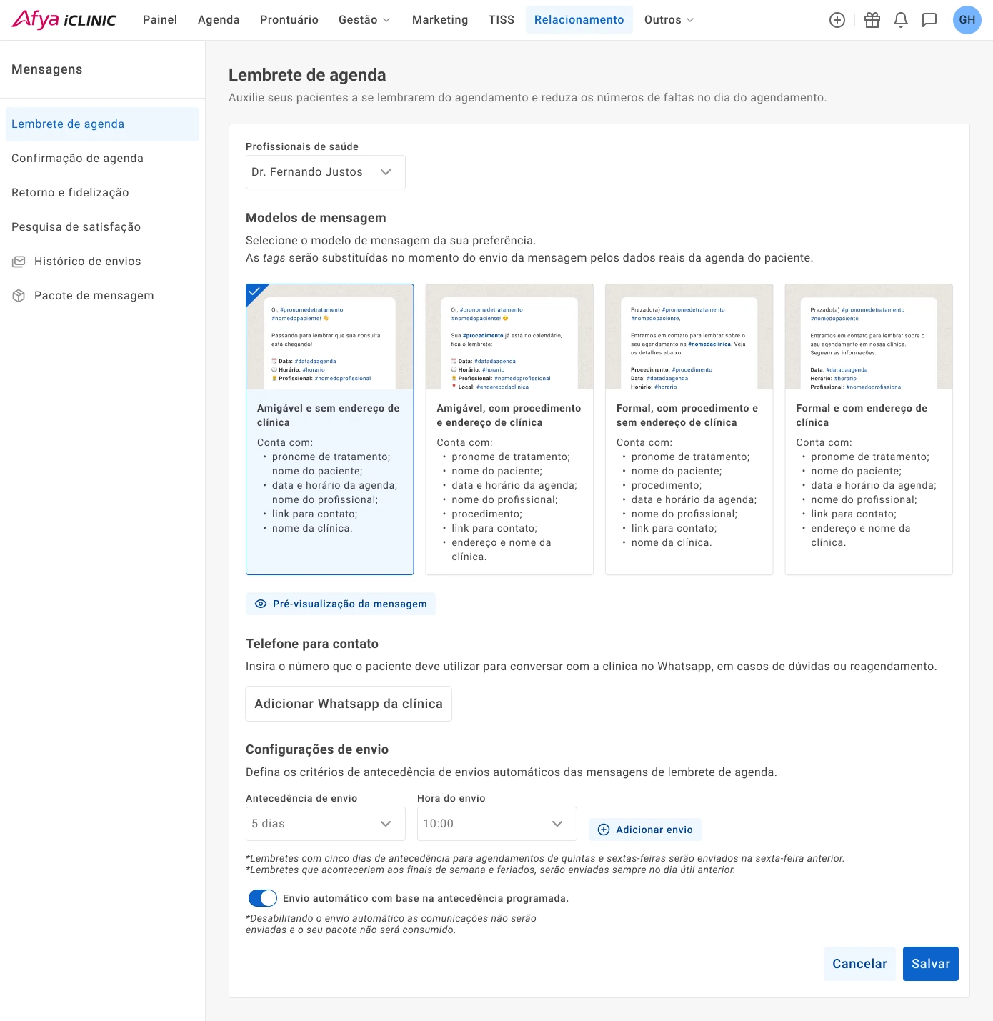 Envio de documentos e mensagens ao paciente pelo Afya iClinic — dados fictícios para demonstração